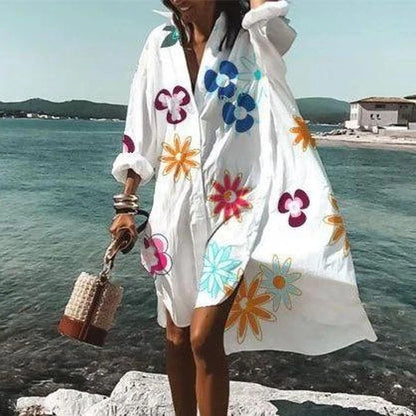 Color Flowers Printed Shirts Dresses Women Fashion Temperament Commuting Loose Midi Shirts Dress Lady Vestidos Spring Summer New