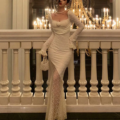 Sexy Solid Lace Maxi Dresses for Women Off Shoulder Bodycon Mermaid Autumn Birthday Evening Party Prom Robe Vestidos Mujer New