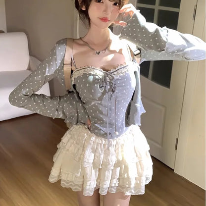 Autumn New Sweet 3-piece Skirt Set Women Spaghetti Strap Top Cardigan Mini Cake Skirt Y2K Kawaii Korean Fashion Suit Clothing