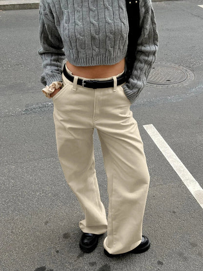 Khaki Classic Wide Leg Pant Women High Waist Pocket Loose Simple Trouser Autumn Winter Streetwear Fashion Casual Pants New
