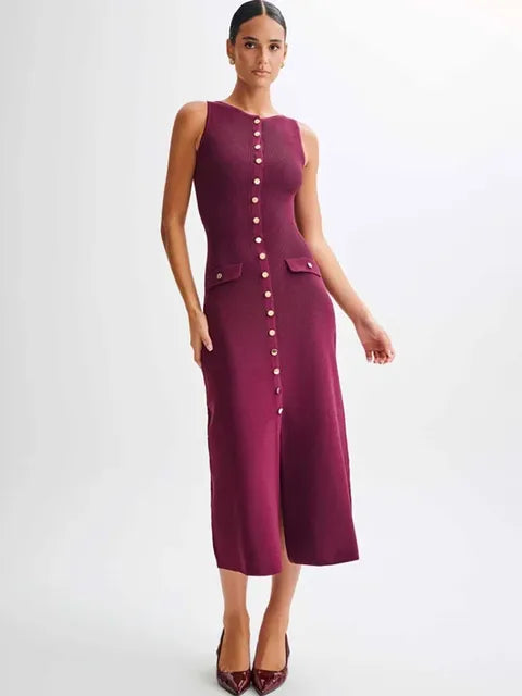 Elegant Knit Ribbed Long Dress For Women Slim Fashion Sleeveless Patchwork High Waist Pocket Dress Women’s Maxi Dress