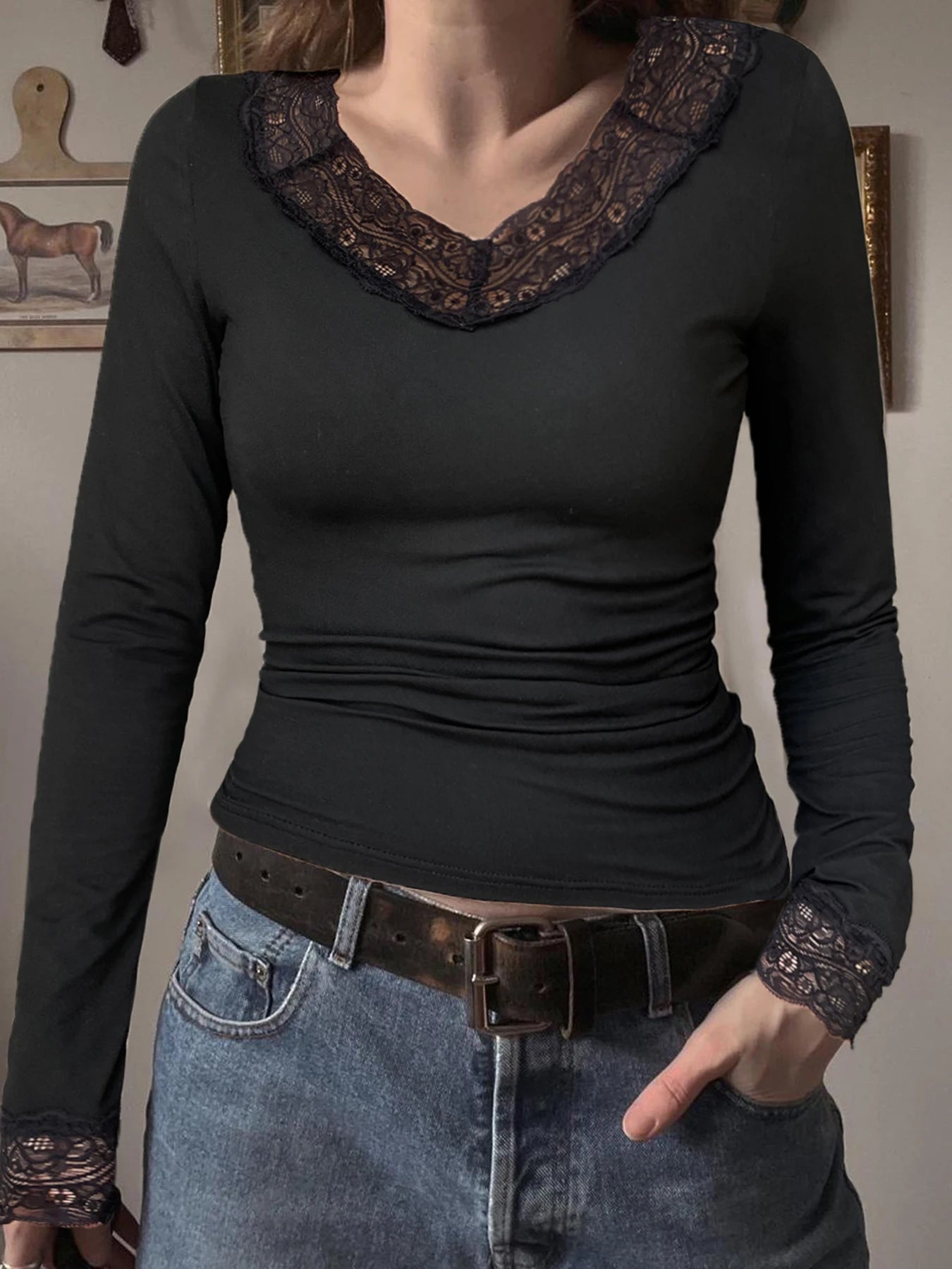 Solid Sweet Lace Trim V-Neck Women¡¯s Top Long Sleeve Balletcore Slim Autumn Trendy New T-Shirt Fashion All-Match Basic