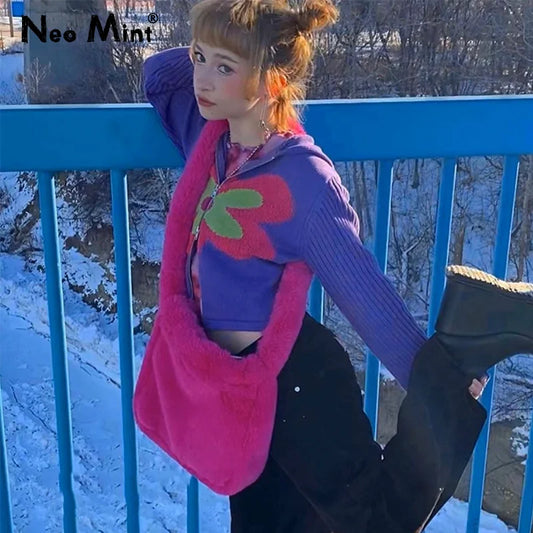 2000s Y2k Hot Girls Candy Color Rose Pink Plush Crossbody Shoulder Bag Women Winter Harajuku Street Fashion Faux Rabbit Fur Bags