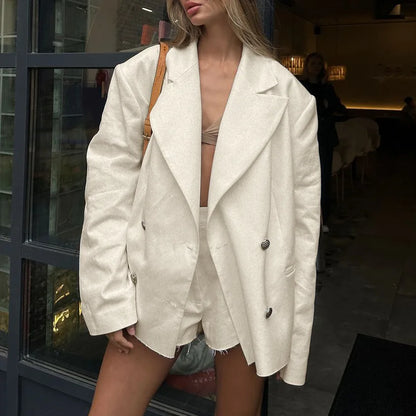 Textured Solid Suits For Women Double Breasted Long Sleeve Outerwear+Raw Hem Shorts Sets Casual Fashion Two-piece Set