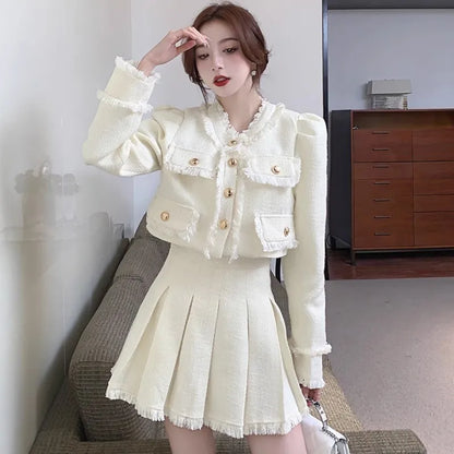 Elegant Tweed Suit 2-piece Skirt Set Autumn Winter New French Style Cropped Jacket Coat Mini Skirt Korean Fashion Female Outfits