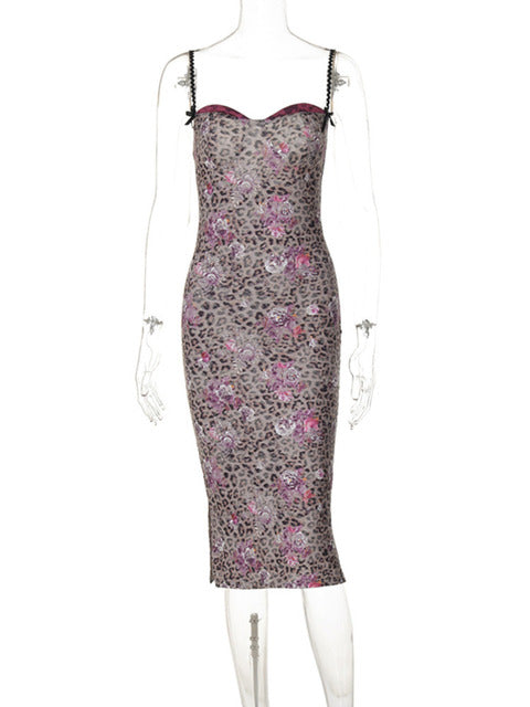 Leopard Print Sexy Midi Dress For Women Fashion Spaghetti Strap Sleeveless Backless Bodycon Slit Long Dress Elegant
