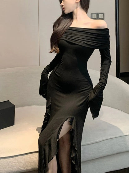 Sexy Bodycon Evening Dresses for Women Long Sleeves Slash Neck Ruffles High Slit Slim Korean Fashion One Piece Vestidos Mujer