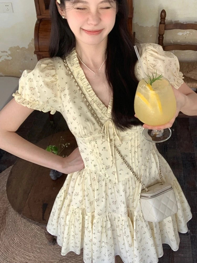 French Floral Printed Short Dresses for Women Y2K V-neck High Waist Birthday Party Dress Korean Chic Prom A-line Summer Vestidos