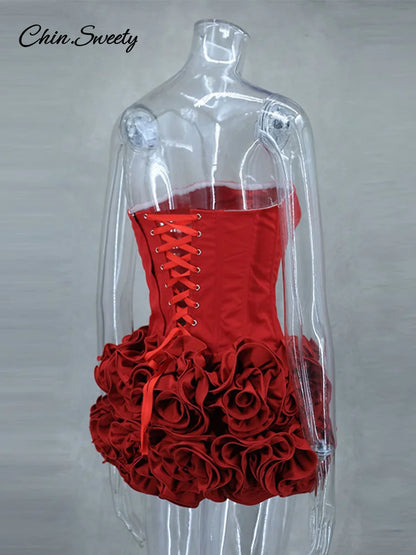 Sexy Strapless Red 3D Flowers Dress Outfits Women Bandage Backless Tube Top Mini Skirts Lady Celebrity Party Cocktail Skirt Suit