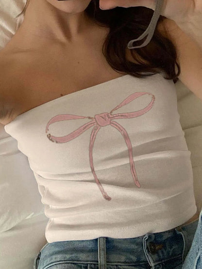 Bow Print Cute Y2K Strapless Tube Top Women 2000s Kawaii Crop Top Summer Streetwear