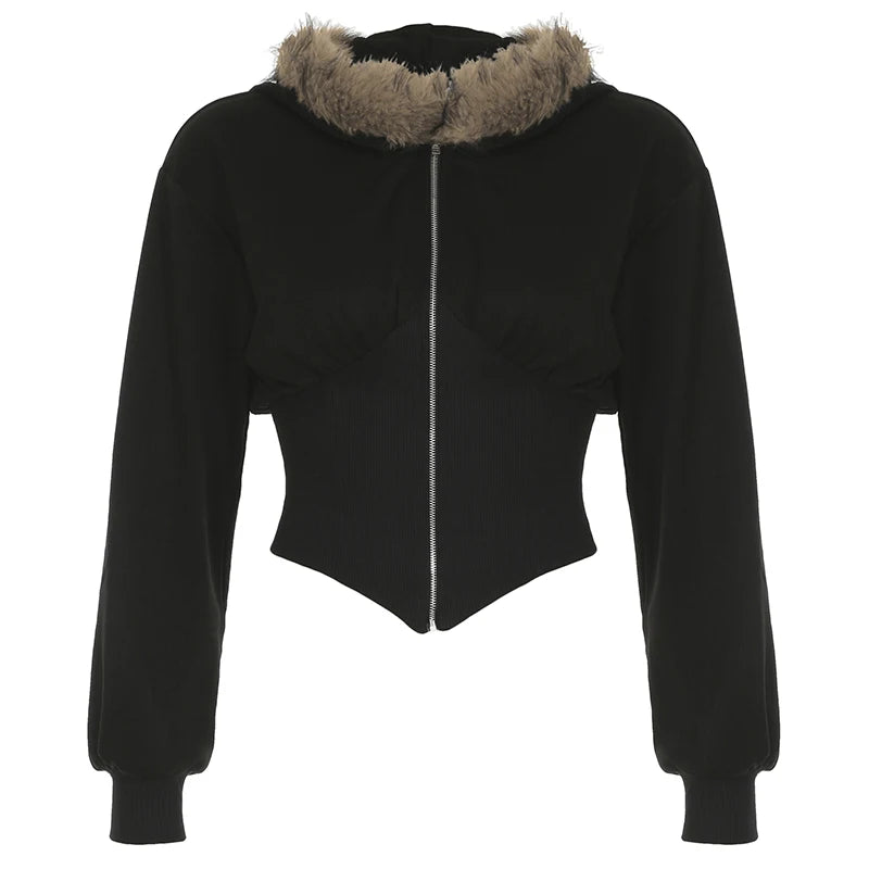 Fashion Slim Fit Faux Collar Hooded Women’s Coat Simple Basic Zipper Long Sleeve Jackets Autumn Winter Trendy