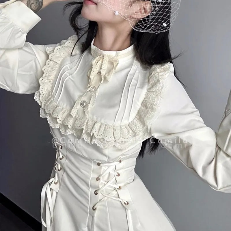 Japanese Style Kawaii Lace-up Midi Dresses Women Princess Party Dress Long Sleeve O-neck High Waist Y2K Gothic Vestidos Mujer