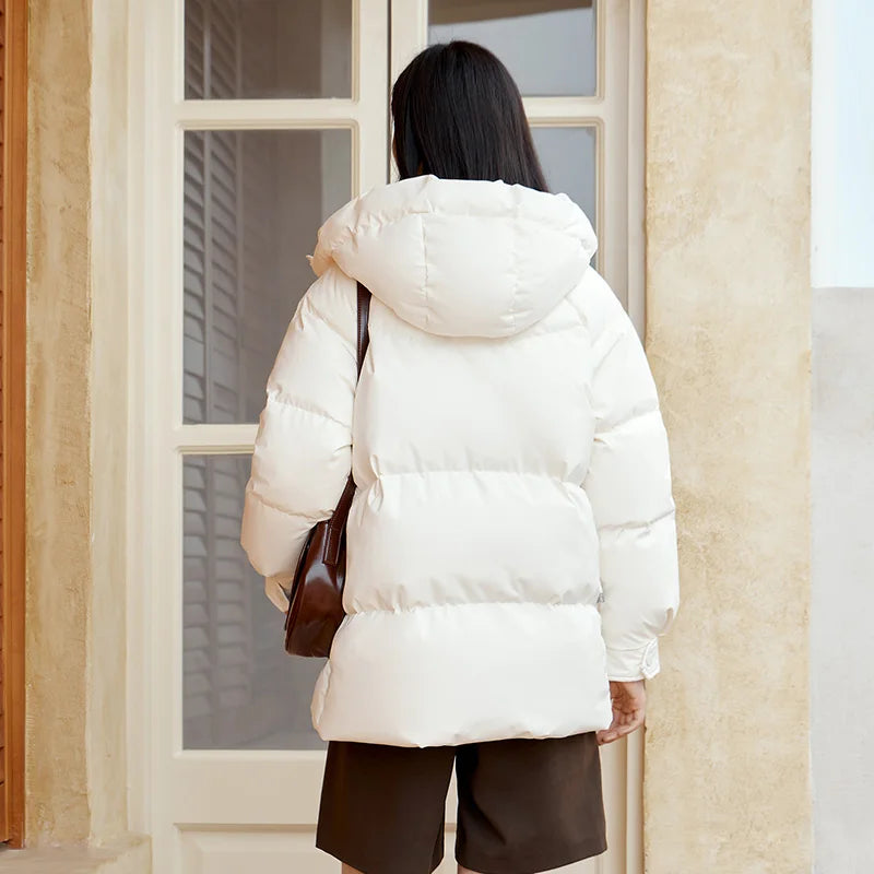 Down Jacket Women Mid-Length Loose Raglan Sleeve Simple Warm Winter Three-Defense Hooded Coat