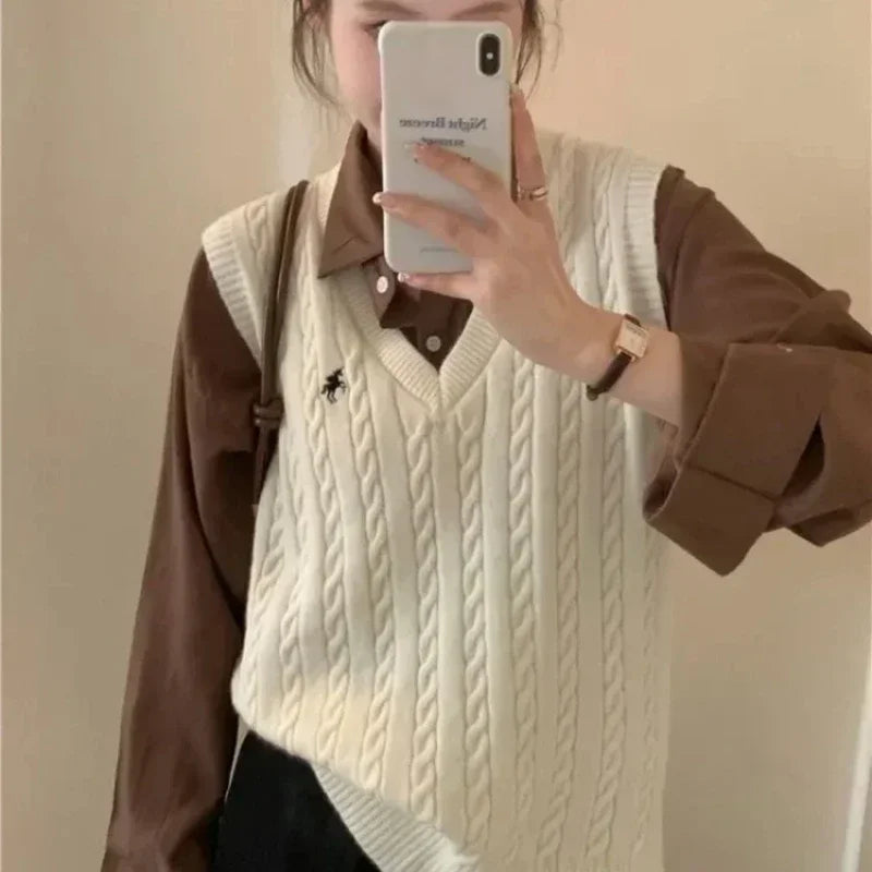 Sweater Cardigan Sleeveless Women Top Solid Sweater Knitted Vest Commuter Style Clothes Preppy Look Autumn Winter Woolly