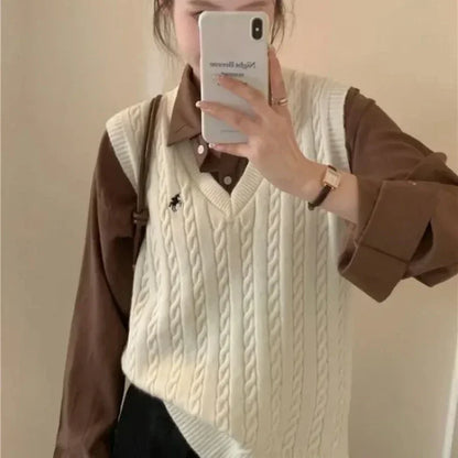 Sweater Cardigan Sleeveless Women Top Solid Sweater Knitted Vest Commuter Style Clothes Preppy Look Autumn Winter Woolly