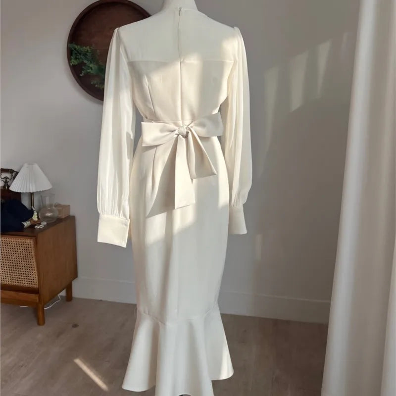 Korean Fashion Bodycon Midi Dresses for Women Mesh Patchwork Long Sleeve Fishtail Office Lady Mermaid Party Dress Slim Mermaid