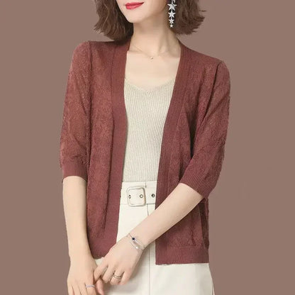 Fashion Thin Knitted Cardigan Summer Ice Silk Sun Protection Coat Women’s Short Knit Sweater Fashion Hollow Out Shawl Jacket