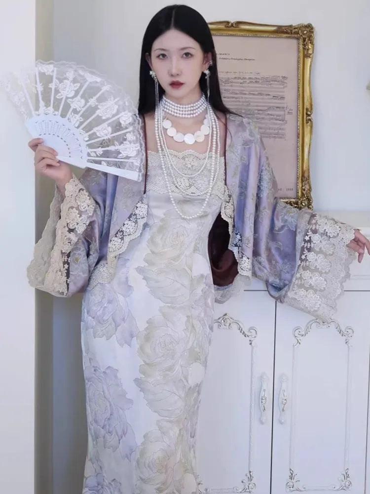 New Chinese Style Women’s Two-piece Dress Set Lace Patchwork Cardigan Spaghetti Strap Lace-up Long Dress Vintage Female Suit