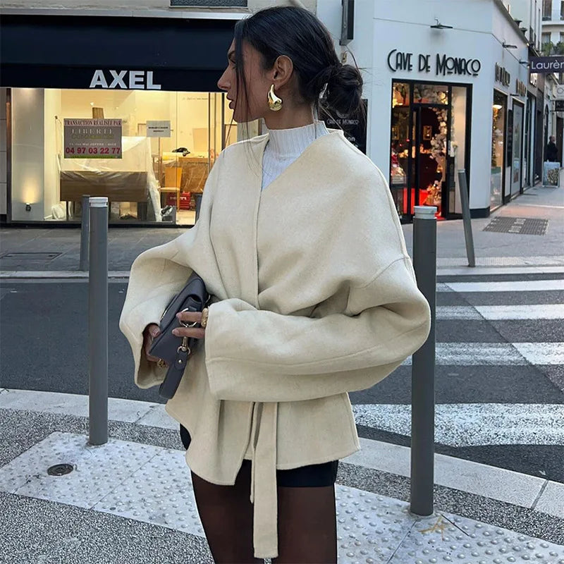 Elegant Lace Up Coat For Women V-neck Long Sleeve Slim Jacket Cardigan 2025 Autumn Winter Lady Streetwear Outwear New In Coats