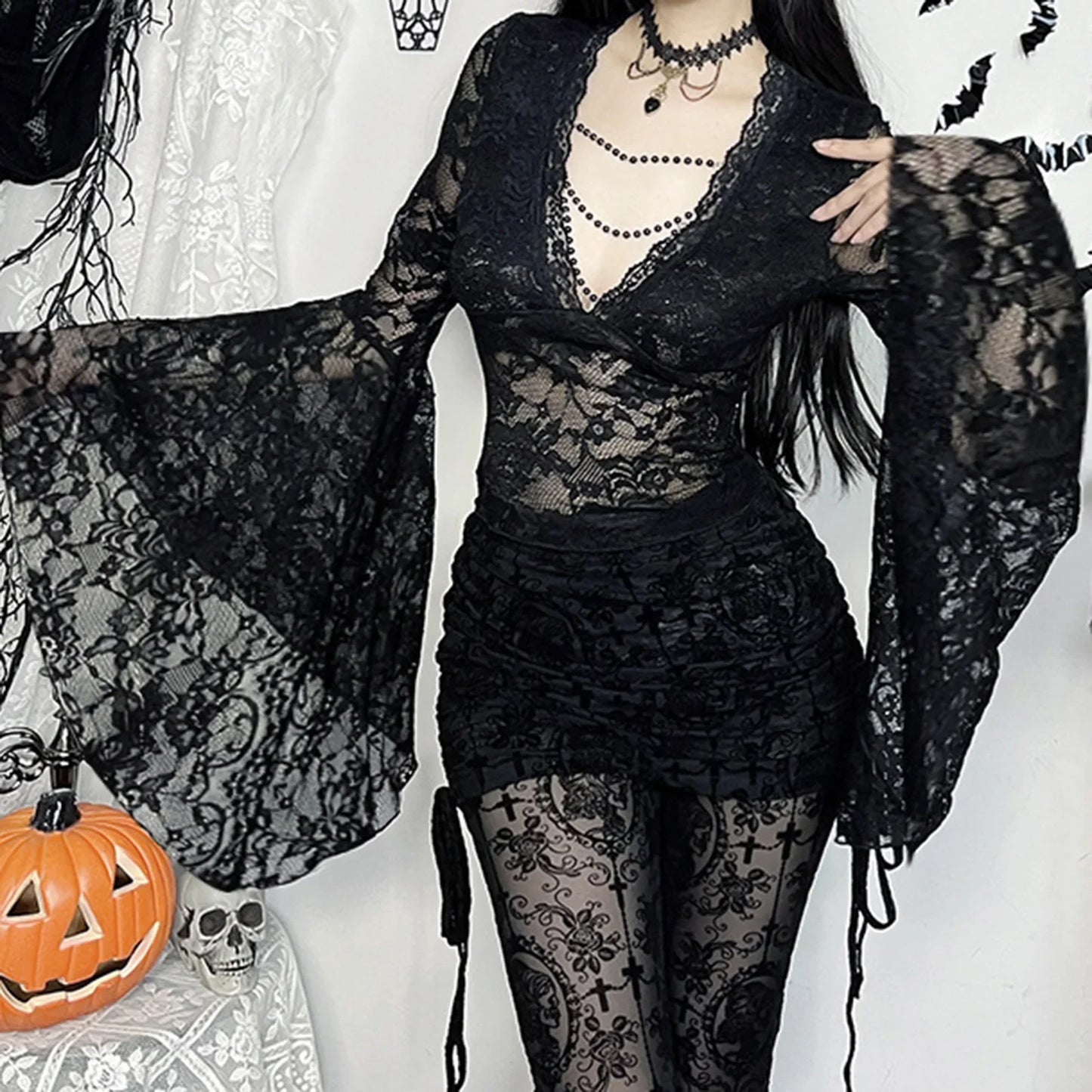 Lace Flare Sleeve Mesh Top