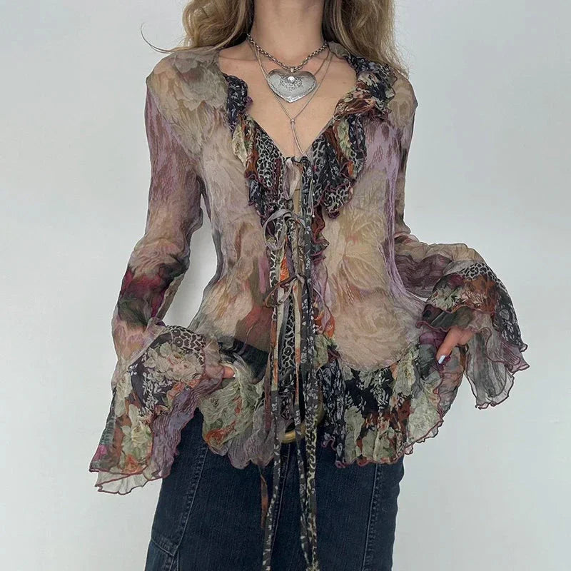 Vintage Transparent Crop Top with Slit 90s Mesh Print Ruffles Patchwork Full Sleeve Bandage T-shirt Grunge y2k Tees