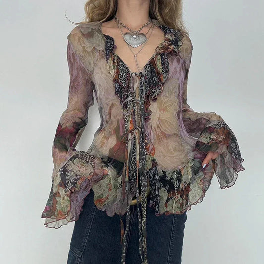 Vintage Transparent Crop Top with Slit 90s Mesh Print Ruffles Patchwork Full Sleeve Bandage T-shirt Grunge y2k Tees