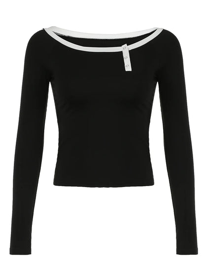 Contrast Binding Off Shoulder O Neck Slim Long Sleeve Basic Black T Shirt Women Asymmetric Button Up Chic Fashion Streetwear Tee