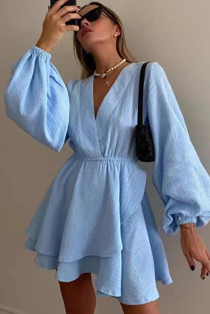V-Neck High Waist Long Sleeve Irregular Mini Dress
