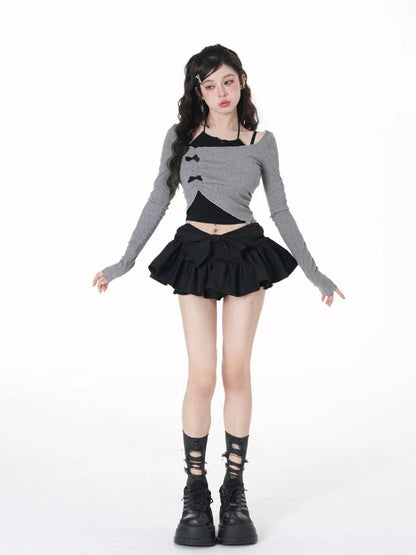 Voguable Korean 2 Piece Set Skirt Slim Y2k Crop Tops Casual Vintage Black Mini Skirt Kawaii Sweet Suit Woman Chic