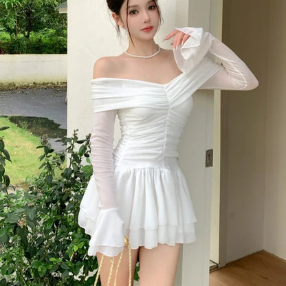 Elegant Mini White Dresses for Women Slash Neck Flare Sleeves Slim Waist Ruffles A-line Korean Fashion Short Vestidos Mujer New