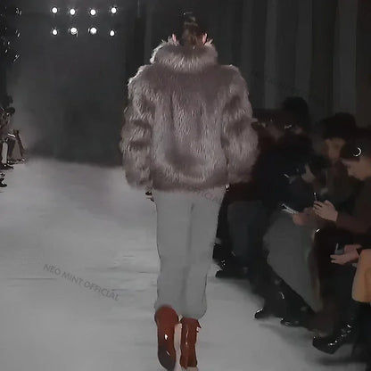 Luxury Brand Runway Fluffy Faux Fur Coat Women Luxurious Fox Fur Stand Collar Short Jacket  Winter Streetwear Overcoat
