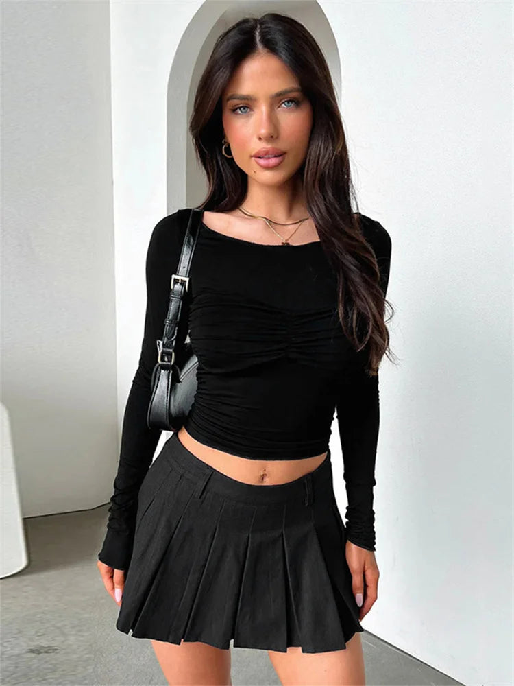 Pleated Casual Long Sleeve T-shirt Top Female Slim Cropped Patchwork Solid Fashion High Waist Pullover Women’s Summer Tee