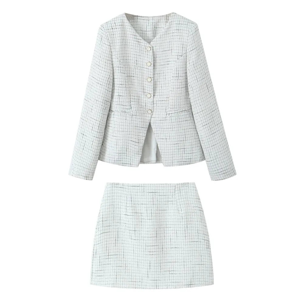 French Style Retro V collar Plaid Woven Tweed Blazer + High Waist Mini Short Skirts Suits 2 pieces 1 Set Black White