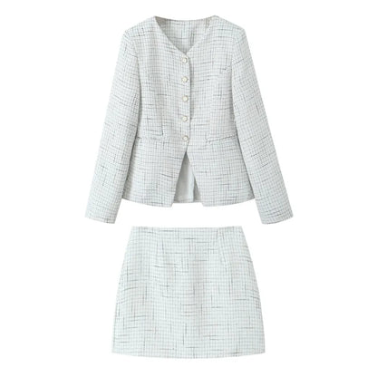 French Style Retro V collar Plaid Woven Tweed Blazer + High Waist Mini Short Skirts Suits 2 pieces 1 Set Black White