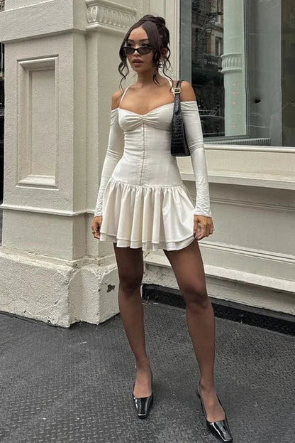 A-Line Pleated Mini Dress with Long Sleeves and Patchwork Straps