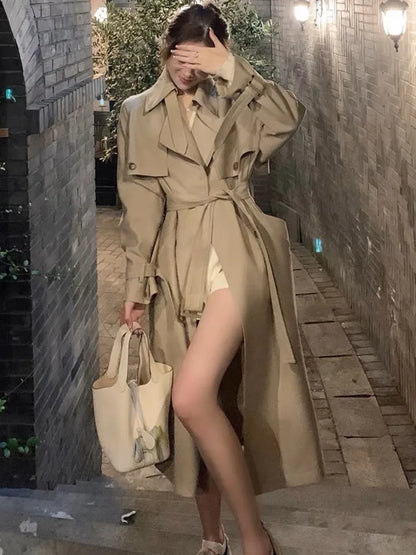 Autumn Winter Khaki Long Trench Coat for Women  Jacket Elegant Outerwear Turn-down Collar Tie Belt Korean Chic Windbreaker