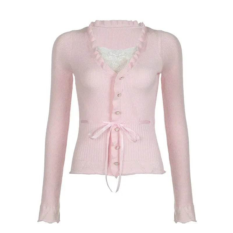 Fairycore Clothing Top y2k Ruffle Lace Patchwork Long Sleeve Knitted T Shirt 2000s Coquette Clothes Streetwear