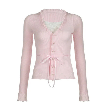 Fairycore Clothing Top y2k Ruffle Lace Patchwork Long Sleeve Knitted T Shirt 2000s Coquette Clothes Streetwear