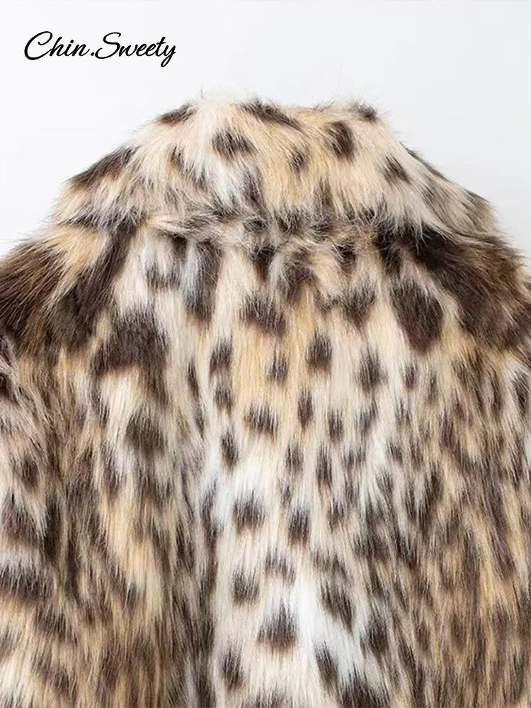Leopard Print Faux Fur Short Coat Women Fashion Puff Plush Lapel Loose Button Jacket Female  Winter Thick Warm Outerwear