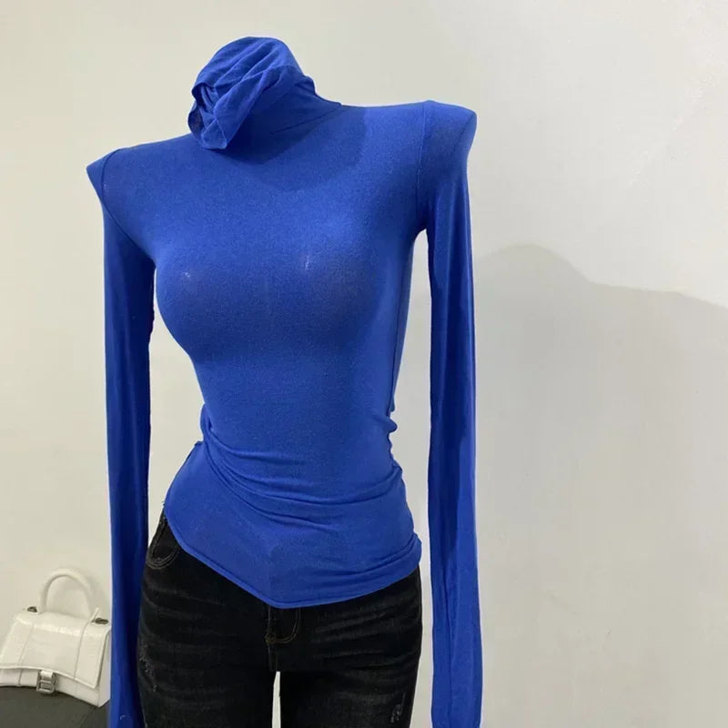 Thin Soft American Long Sleeve T-shirt High Stacked Neck Tight Perspective Bottom Shirt Women’s Slim Fit Tops Sexy Streetwear