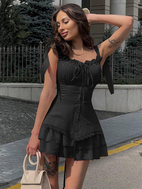 Elegant Sleeveless Ruffle Edge Slim Dresst Women Tie Ruffle Edge Sexy Short Skirt Fashion Street Party Club Clothing