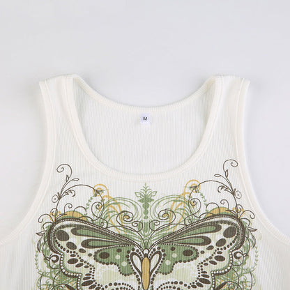 DressBetty - Slim Knitted Vest White Sleeveless O Neck Butterfly Vintage Print Tank Crop Tops