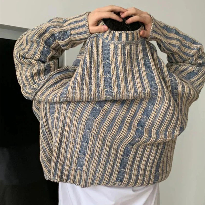 Fashionable Striped Knitting Sweaters Streetwear Y2K Loose O Neck Long Sleeve Knit T-shirts Vintage Sweater Tops