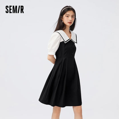Dress Lapel College Style Short Skirt Playful Sweet Autumn Easy-to-Care Patchwork Little Black Dress