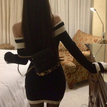 Elegant Slash Neck Knitted Dress Women Long Sleeve Bodycon Mini Dresses Korean Fashion Autumn Winter New Slim Casual Vestidos