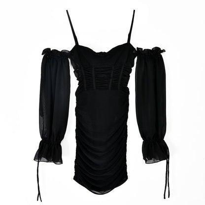 Voguable  Spaghetti Strap Long Lantern Sleeves Ruched Mini Dresses Woman Y2k Mesh Vintage Dress Club Party Vestidos
