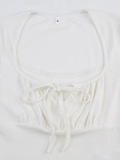 Solid Bust Ruched Tie Patchwork Lace Short Sleeve White T-Shirt Women Balletcore Y2K Cute Clothes