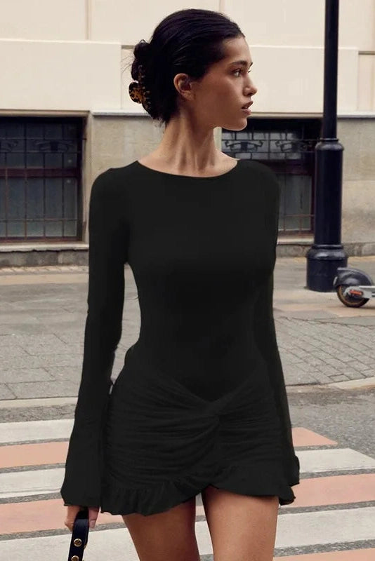Pleated Bodycon Mini Dress with O Neck and Long Sleeves