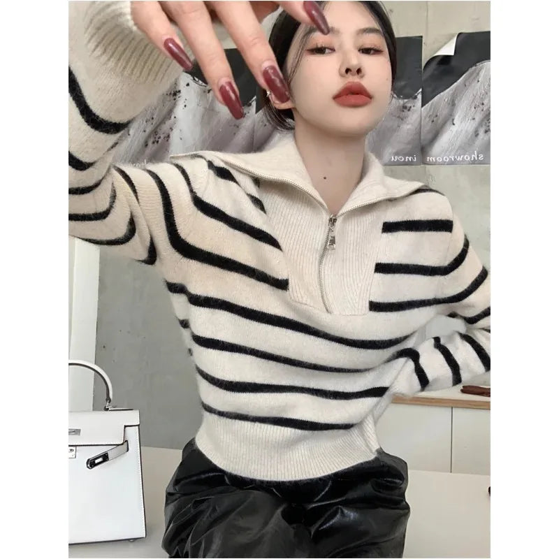 Women’s Striped Sweater Zip Thick Fall Loose Turtleneck Knit Jumper Turn-down Collar Casual Oversize Fashion Women Sweaters
