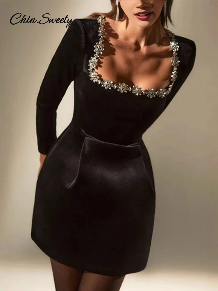 Velvet Square Collar Beading Long Sleeve Dress Women High Waist Slim A-line Party Dresses  Lady Christmas Evening Gowns New